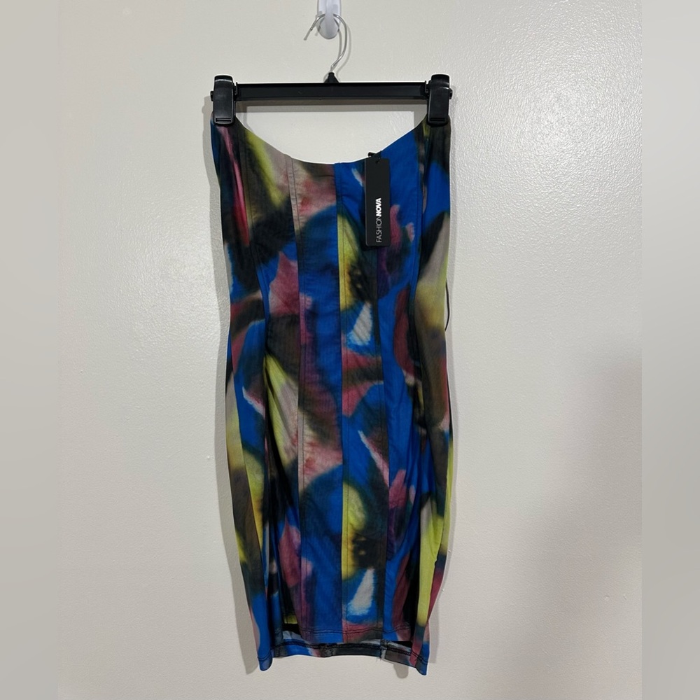New Fashion Nova Strapless Multicolor Mini Dress – Size Large (Runs Small)
